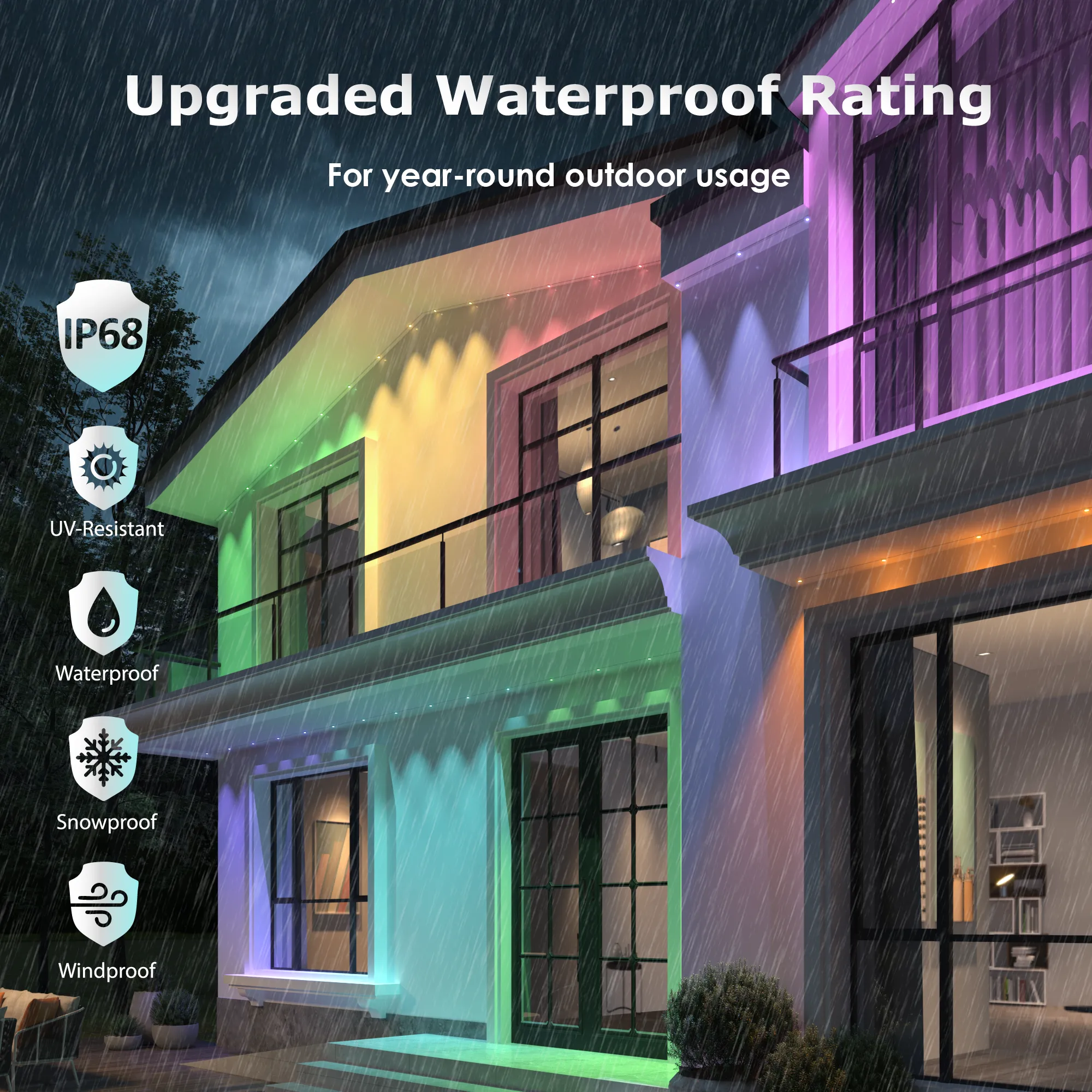 Permanent Outdoor Lights, 150ft Smart RGB+IC Eave Lights with 75 Scene Modes, DIY Scene Modes, 60 LED Bright Bulbs, IP68 Waterproof, App/Remote Control, Compatible with Alexa for Christmas Halloween - Image 2