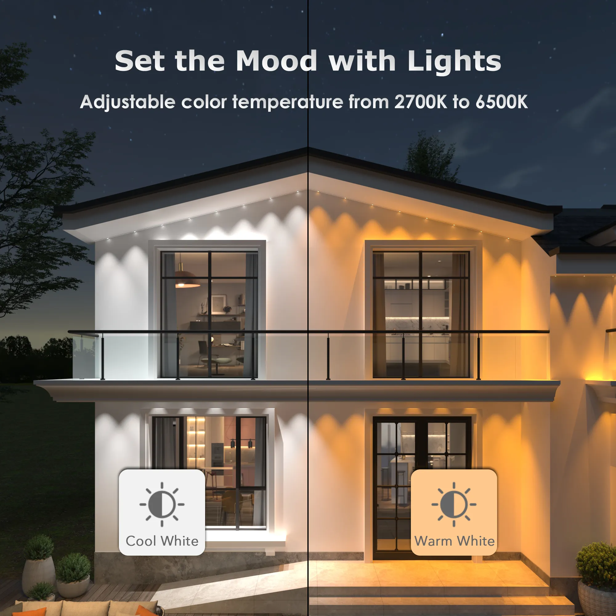Permanent Outdoor Lights, 150ft Smart RGB+IC Eave Lights with 75 Scene Modes, DIY Scene Modes, 60 LED Bright Bulbs, IP68 Waterproof, App/Remote Control, Compatible with Alexa for Christmas Halloween - Image 3