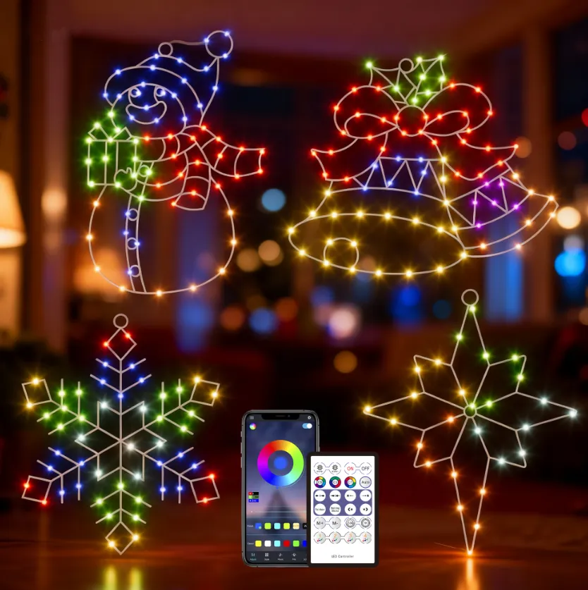 4 Pack Christmas Window Silhouette Lights with APP & Remote, 2D RGB Indoor Motif Lights for Wall Door Glass Decor, Snowman +Bethlehem Star +Bell +Snowflake,Sync with Music, Timer,Multiple Dynamic Mode