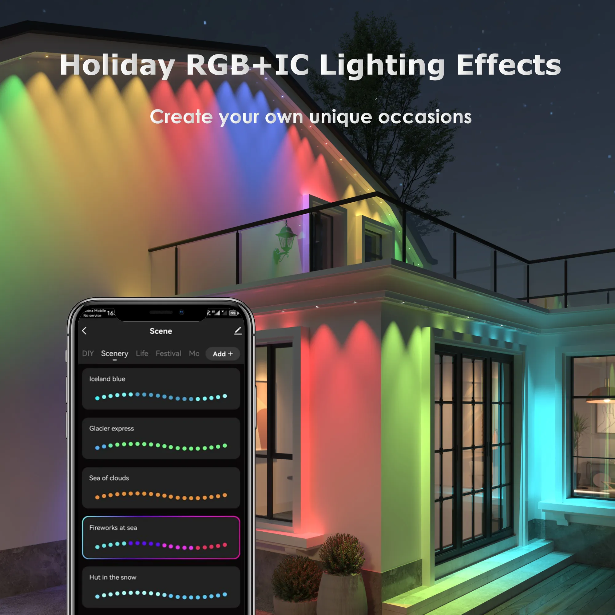 Permanent Outdoor Lights, 150ft Smart RGB+IC Eave Lights with 75 Scene Modes, DIY Scene Modes, 60 LED Bright Bulbs, IP68 Waterproof, App/Remote Control, Compatible with Alexa for Christmas Halloween - Image 4