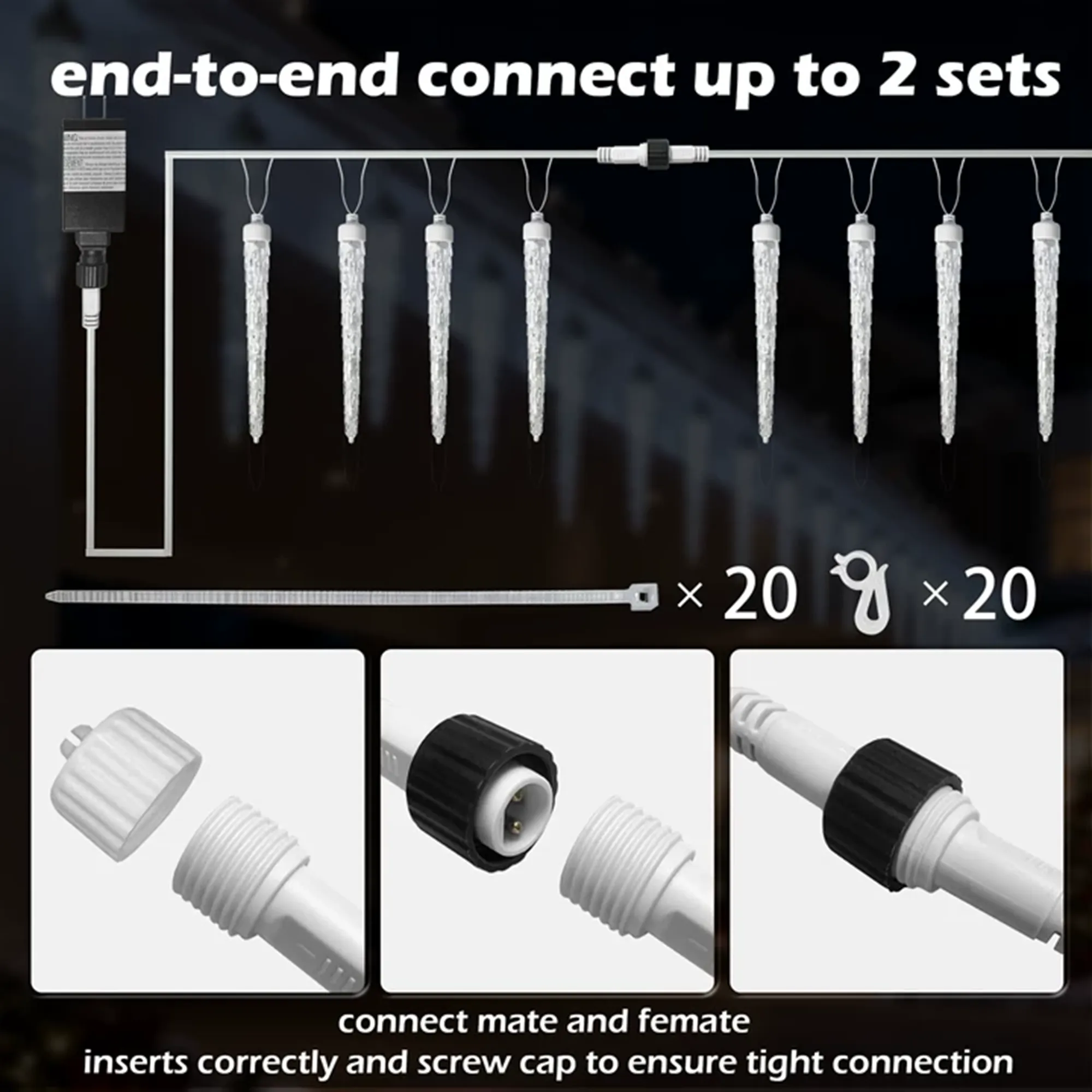 20FT Icicle Lights for Outside,90 LEDs 20 Tubes Twinkling Crystal Icicle String Lights,Outdoor Waterproof Plug in Hanging Icicle Christmas Light for Eave,Festive Decor (Twinkling) - Image 10