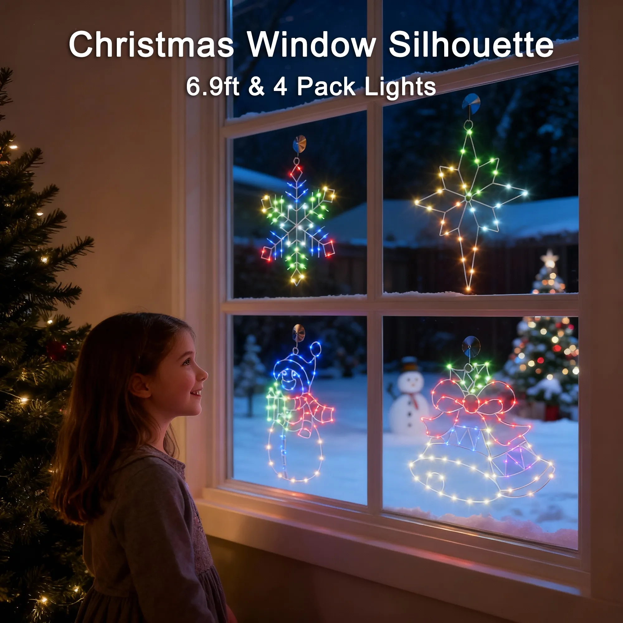 4 Pack Christmas Window Silhouette Lights with APP & Remote, 2D RGB Indoor Motif Lights for Wall Door Glass Decor, Snowman +Bethlehem Star +Bell +Snowflake,Sync with Music, Timer,Multiple Dynamic Mode - Image 3