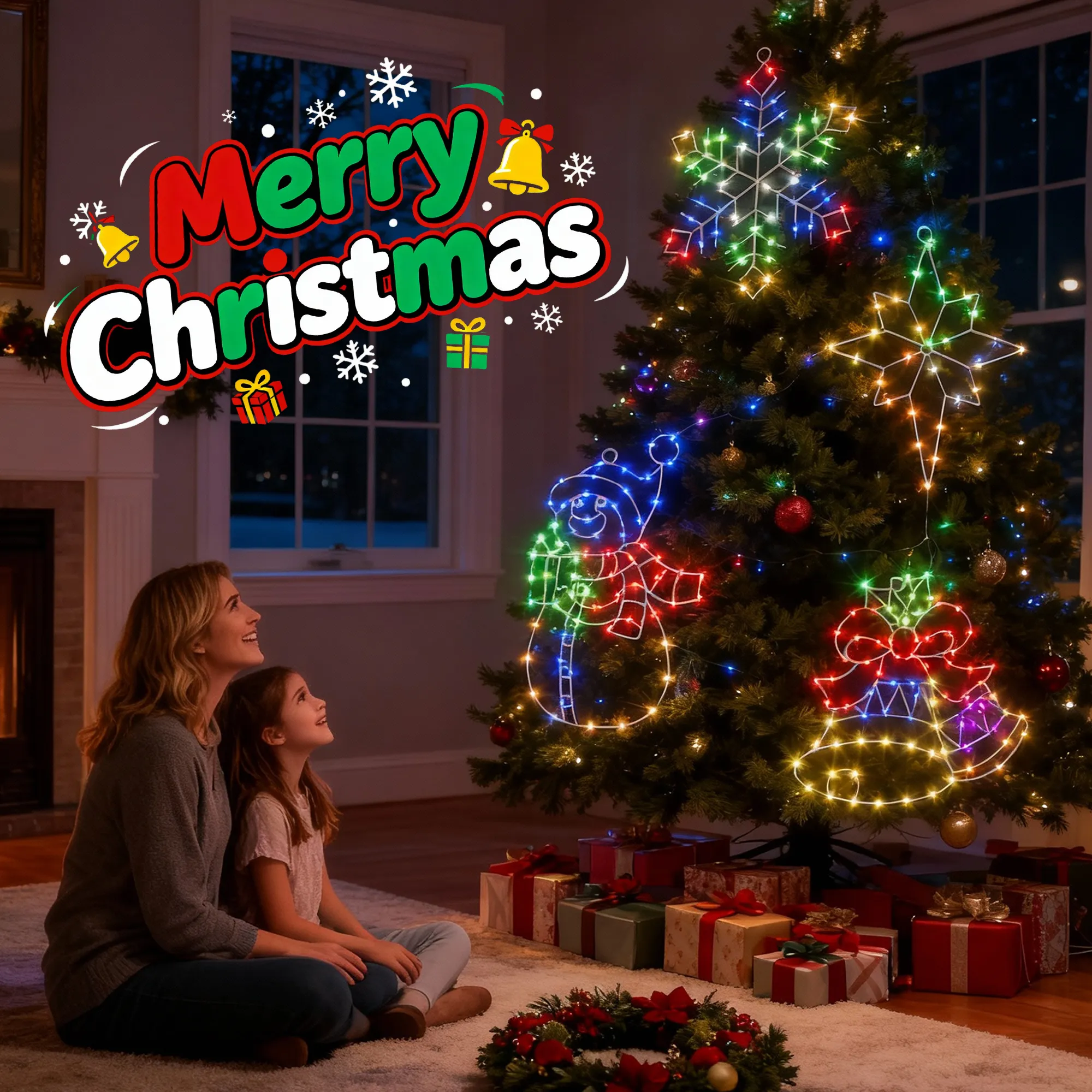 4 Pack Christmas Window Silhouette Lights with APP & Remote, 2D RGB Indoor Motif Lights for Wall Door Glass Decor, Snowman +Bethlehem Star +Bell +Snowflake,Sync with Music, Timer,Multiple Dynamic Mode - Image 4
