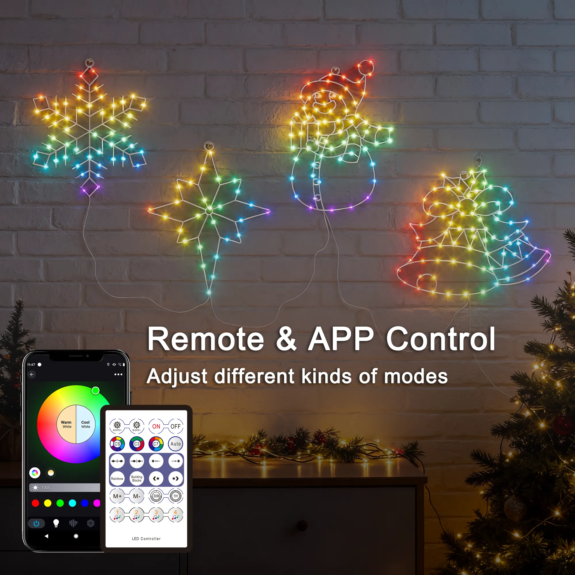 4 Pack Christmas Window Silhouette Lights with APP & Remote, 2D RGB Indoor Motif Lights for Wall Door Glass Decor, Snowman +Bethlehem Star +Bell +Snowflake,Sync with Music, Timer,Multiple Dynamic Mode - Image 6