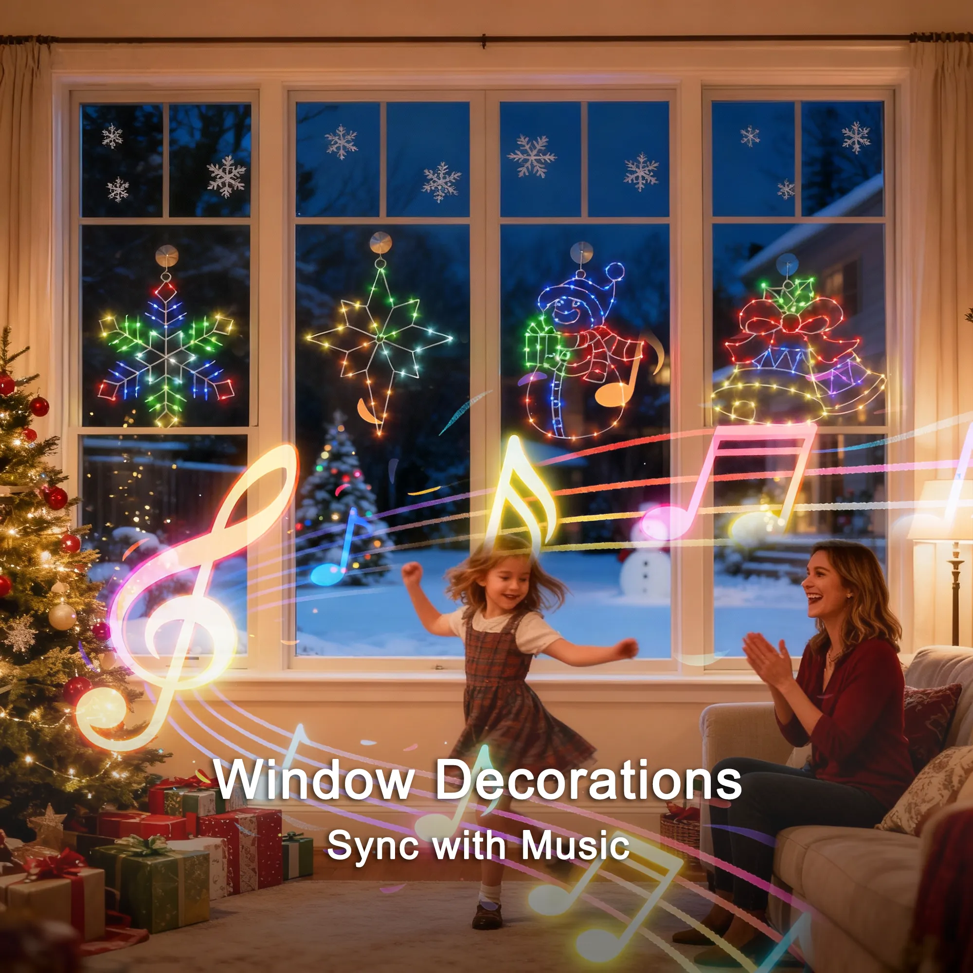4 Pack Christmas Window Silhouette Lights with APP & Remote, 2D RGB Indoor Motif Lights for Wall Door Glass Decor, Snowman +Bethlehem Star +Bell +Snowflake,Sync with Music, Timer,Multiple Dynamic Mode - Image 9