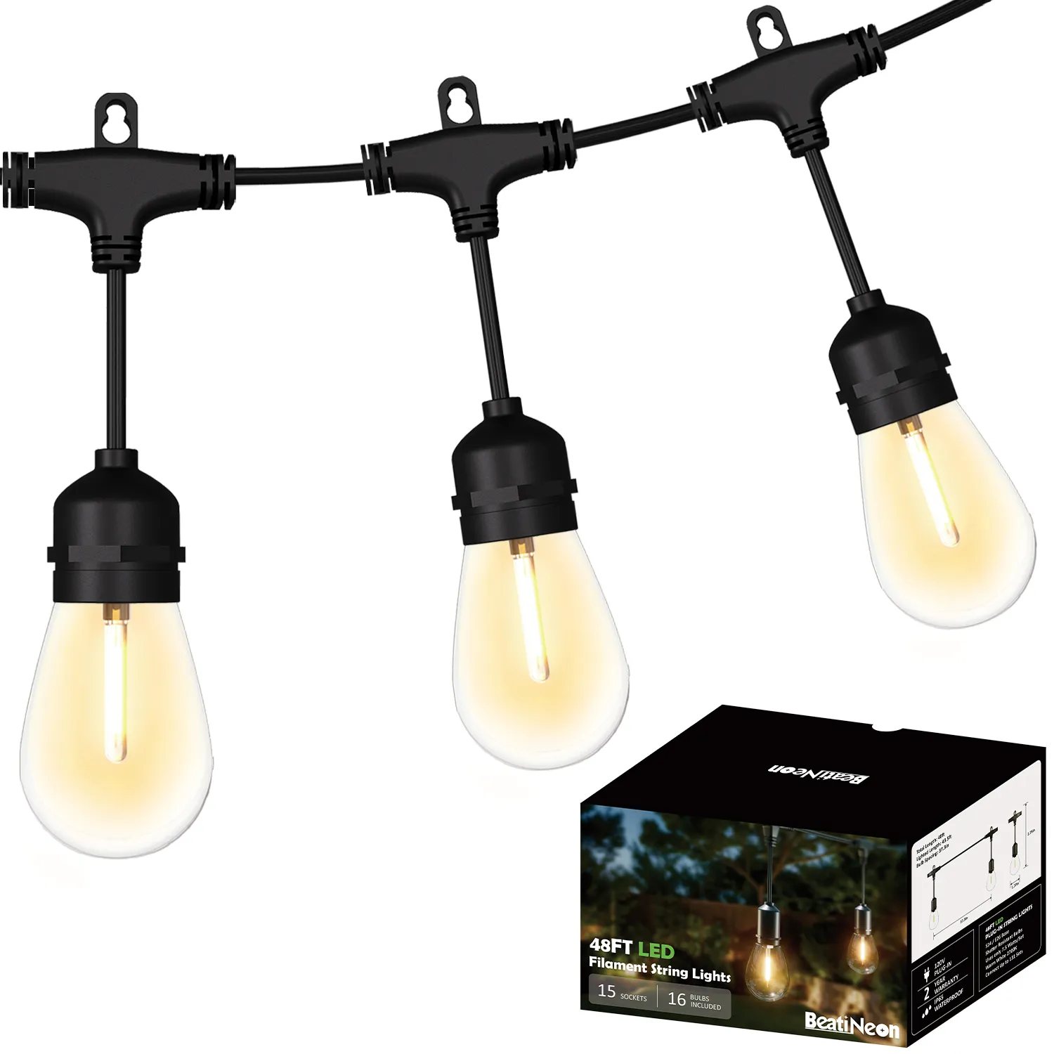 Outdoor String Lights with Lighted Tubing, 48 ft Outside String Lights with 16 (15+1spare) S14 Retro Bulbs & 144-LED Lighted Fairy Tubing, IP65 Waterproof &Connectable LED Light for Patio Bistro
