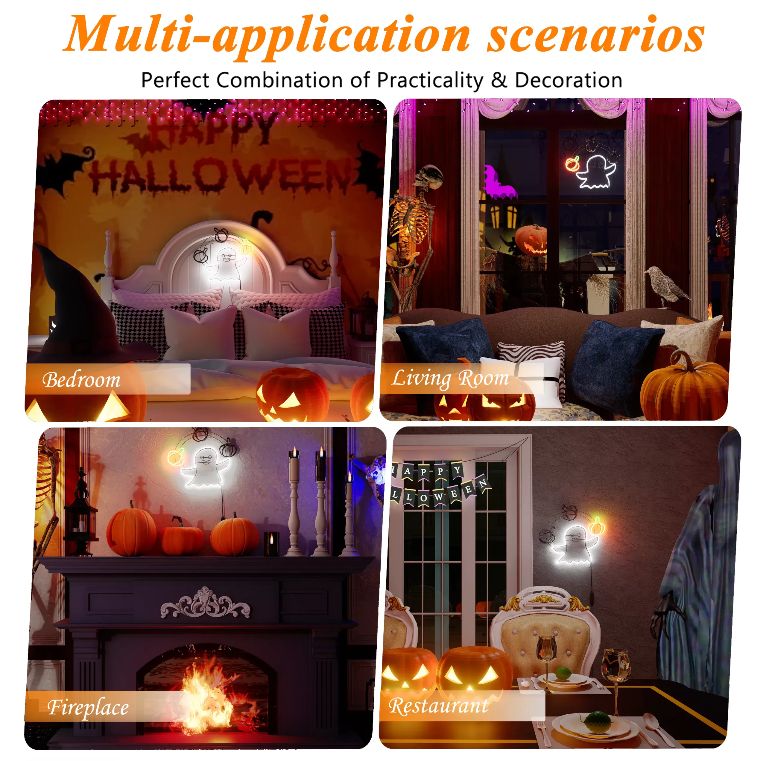 LED Ghost Neon Sign,Night Light Decorations with Animated Pumpkin Throwing Effect Lighted Display,Halloween Ghost Decor,Halloween-Ghost Lights with Remote Control Home Party Windows Decor - Image 3