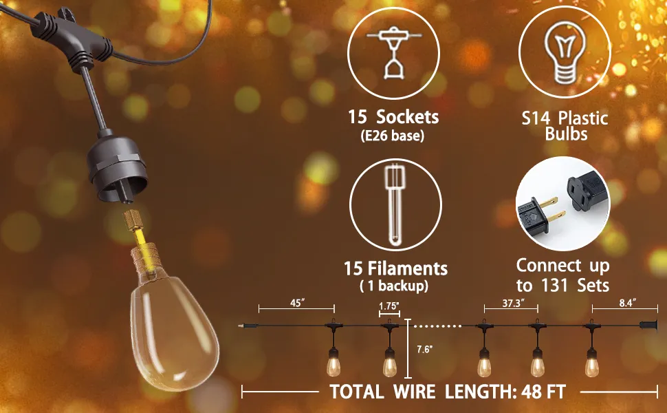 Outdoor String Lights with Lighted Tubing, 48 ft Outside String Lights with 16 (15+1spare) S14 Retro Bulbs & 144-LED Lighted Fairy Tubing, IP65 Waterproof &Connectable LED Light for Patio Bistro - Image 4