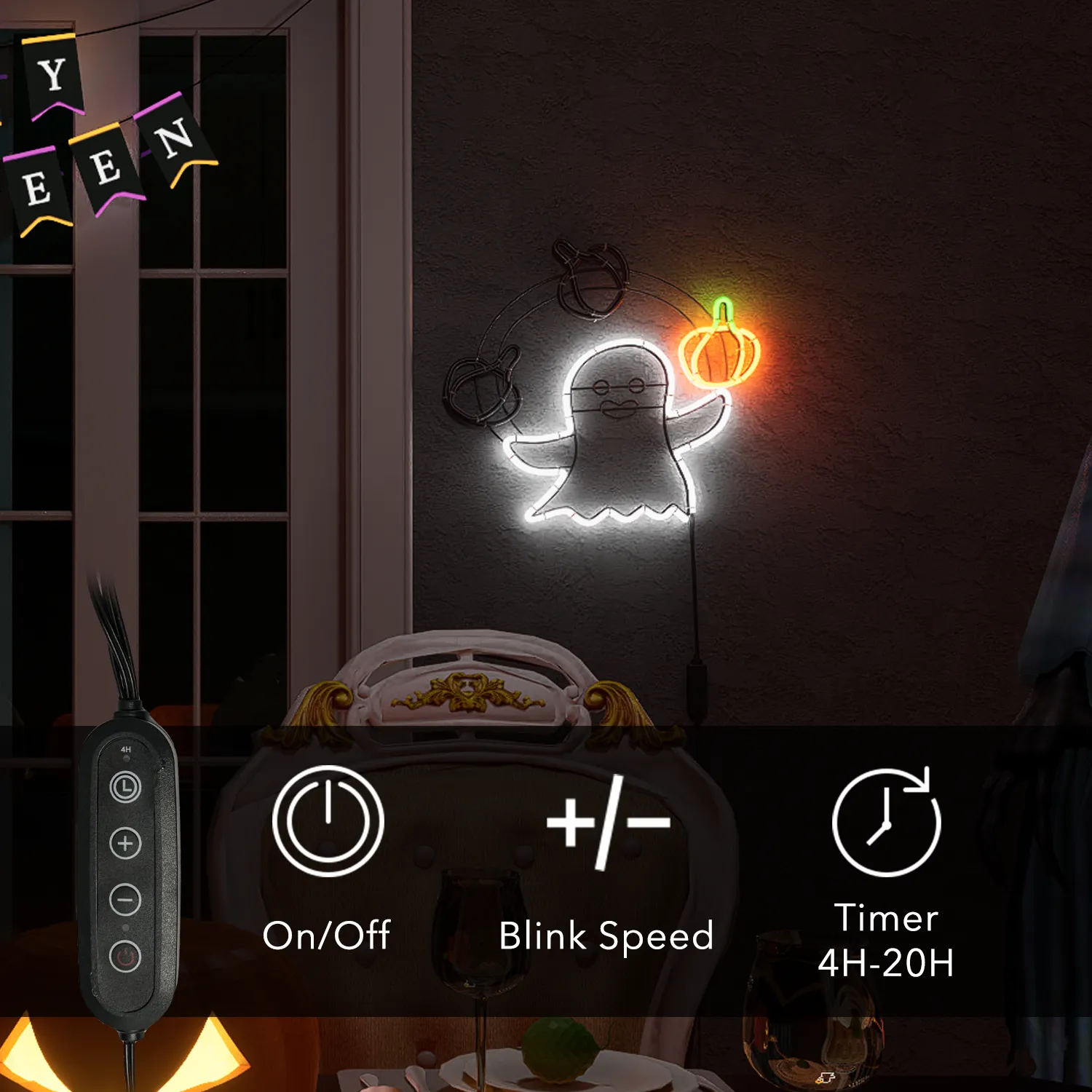 LED Ghost Neon Sign,Night Light Decorations with Animated Pumpkin Throwing Effect Lighted Display,Halloween Ghost Decor,Halloween-Ghost Lights with Remote Control Home Party Windows Decor - Image 7