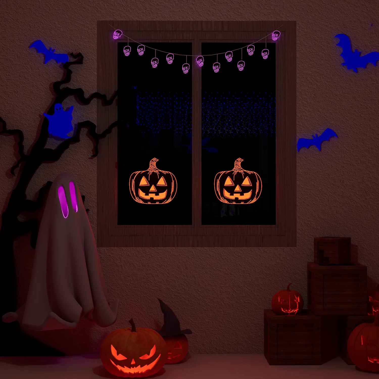 Halloween Pumpkin Night Lights, 15.35" x 15.86" Lighted Silhouette Decor for Window, Door, Wall, Glowing Pumpkin Holiday Display, 6Hr Timer, Battery/USB & Plug-in Lights Sign for Kids Party Decor 1pc - Image 9